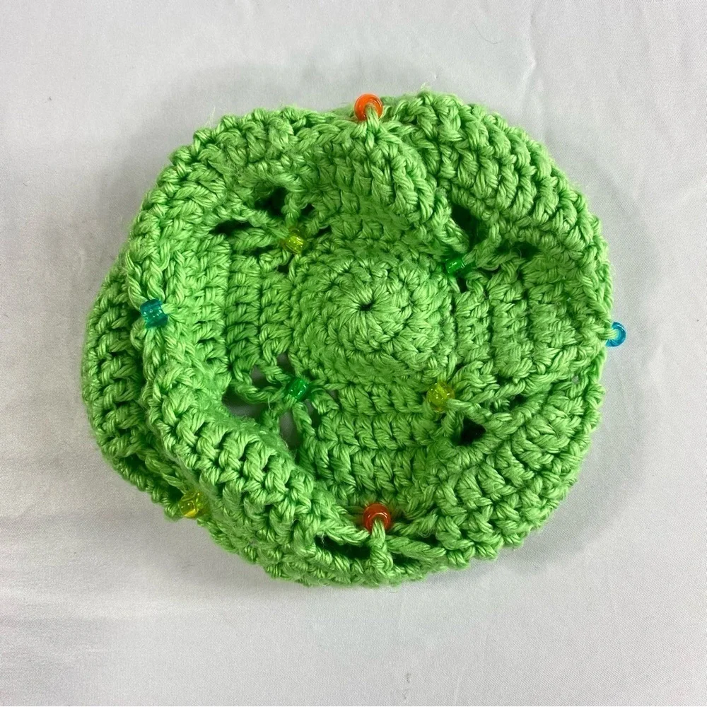 Handmade Kid’s Lime Green Crocheted Beaded Butterfly Eyelet Stitch Beanie